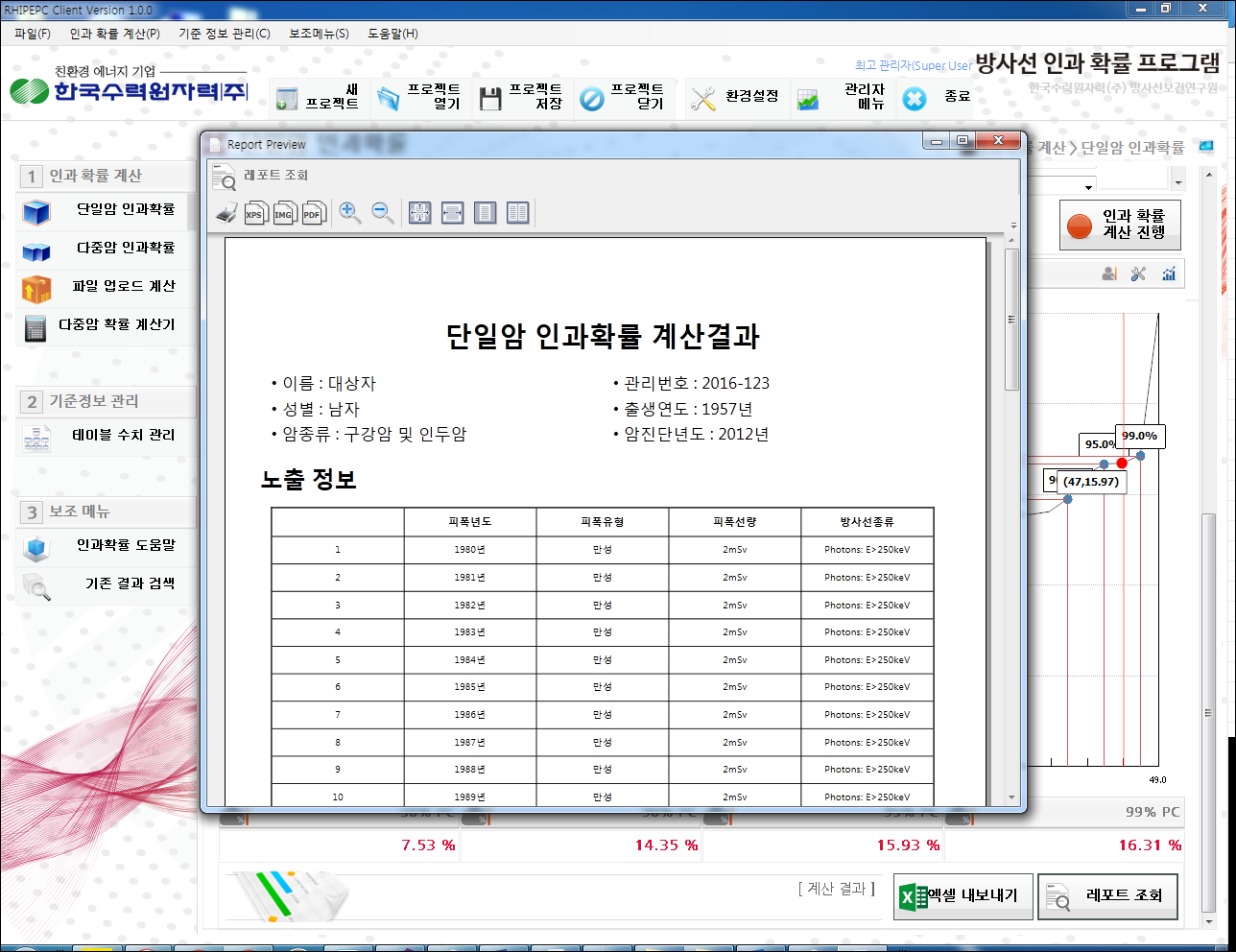 [Rhi_pepc] 방사능인과확률 프로그램
<br>RHI_PEPC
<br> ㆍ개발언어: Microsoft .Net Framework 4.5 (C# Application)
 ㆍ개발툴: Microsoft Visual Studio, Windows Server
 ㆍ개발시기: 작업 시기 : 2016. 05
<br>