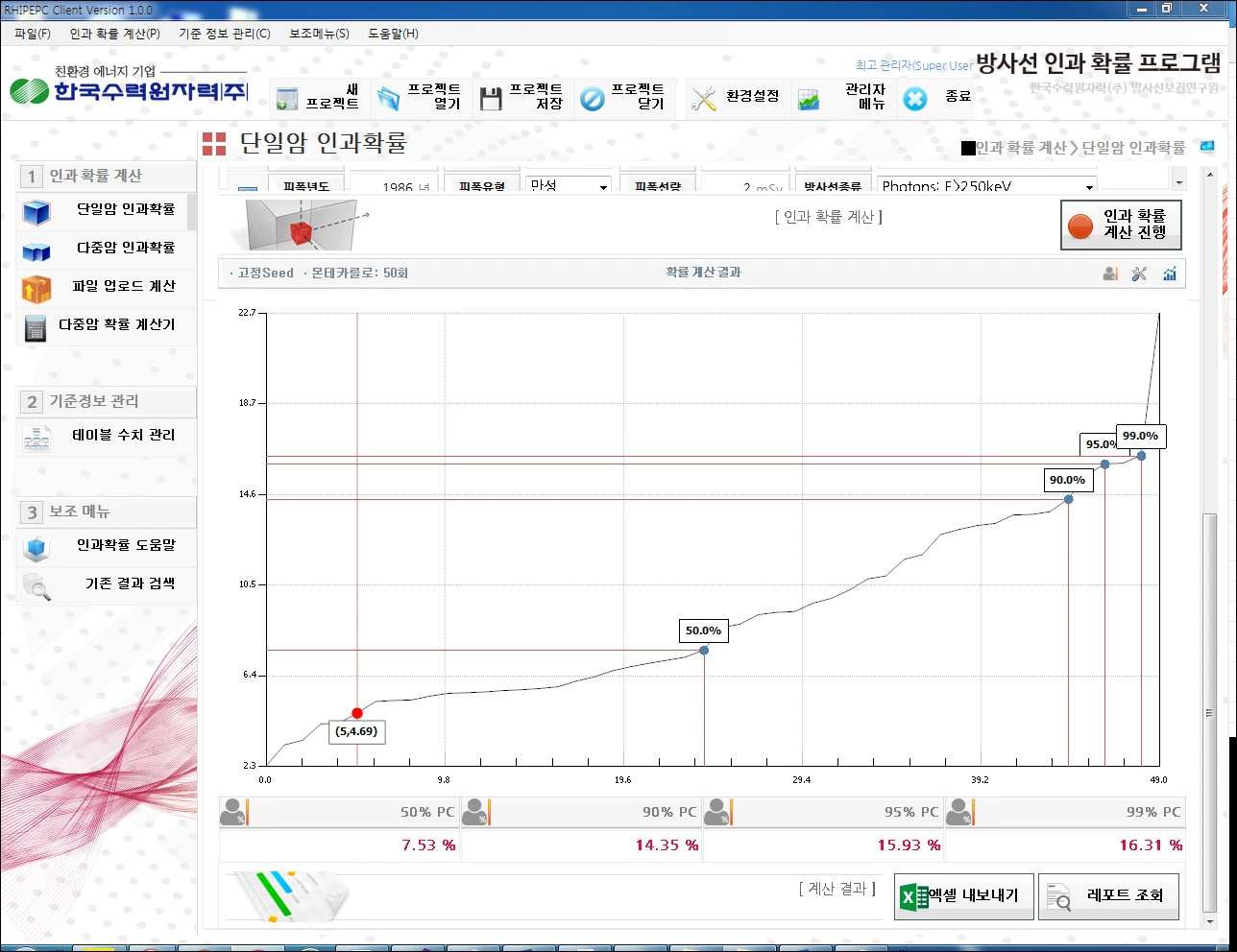 [Rhi_pepc] 방사능인과확률 프로그램
<br>RHI_PEPC
<br> ㆍ개발언어: Microsoft .Net Framework 4.5 (C# Application)
 ㆍ개발툴: Microsoft Visual Studio, Windows Server
 ㆍ개발시기: 작업 시기 : 2016. 05
<br>